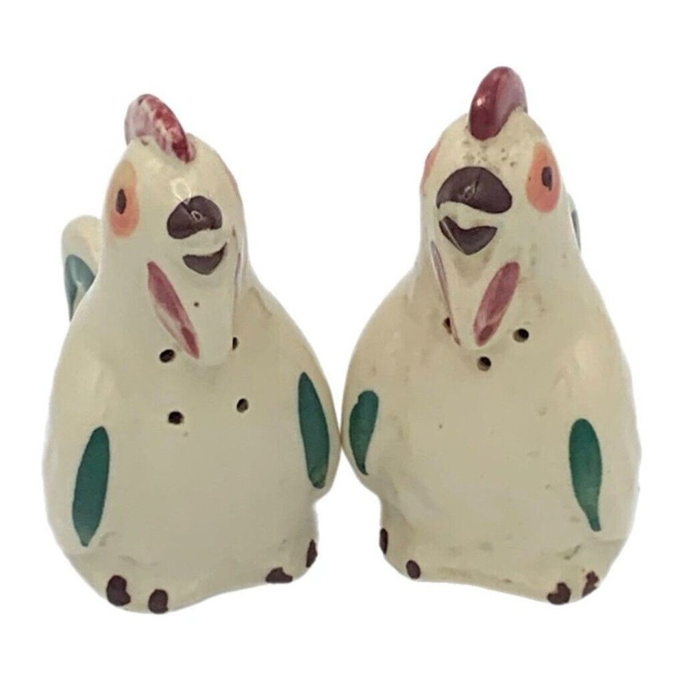 Shawnee Pottery Rooster and Chicken Salt & Pepper Shakers White Maroon Green Vtg